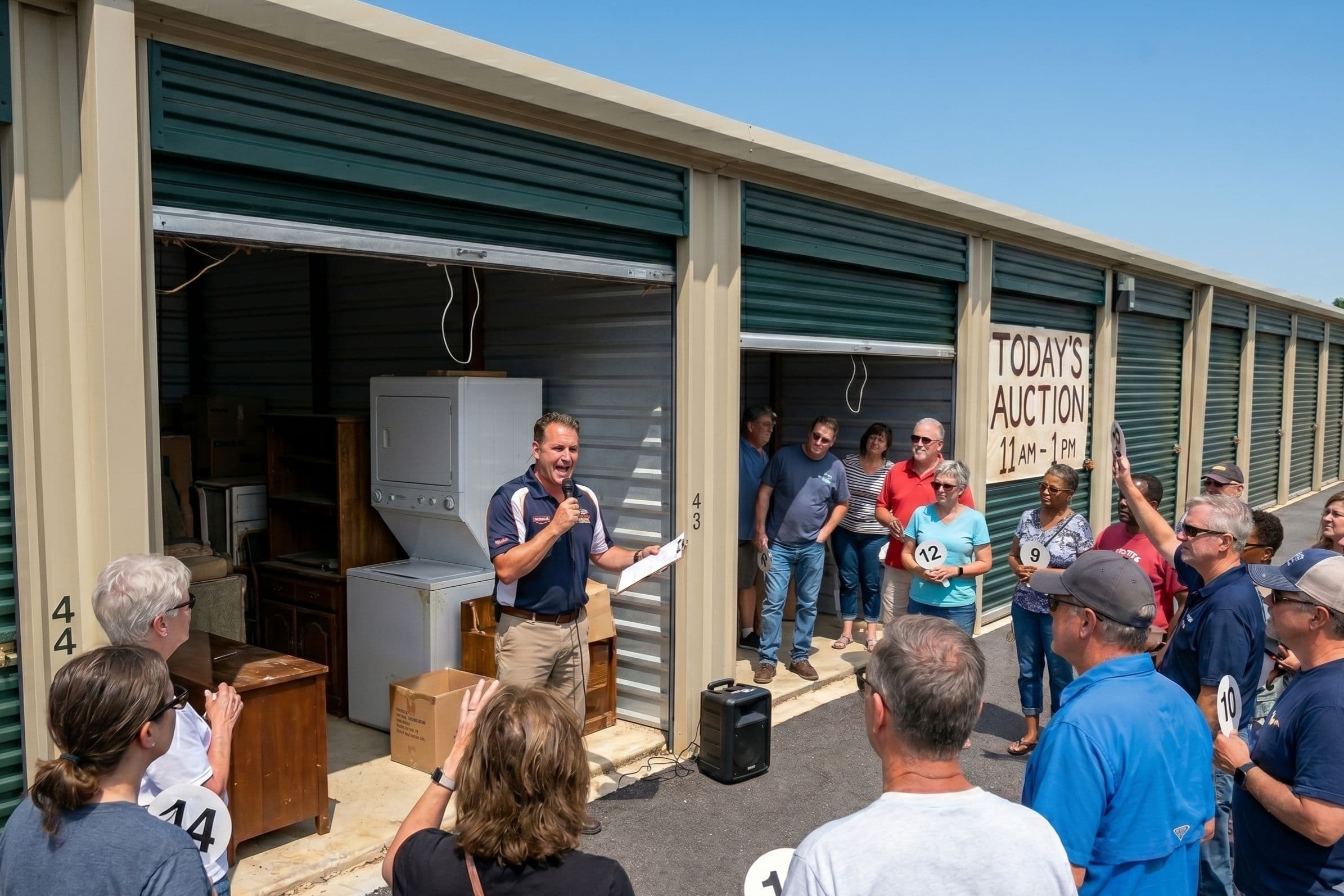 Auctioneer calling bids outside an open self-storage unit while a crowd of bidders holds numbered paddles