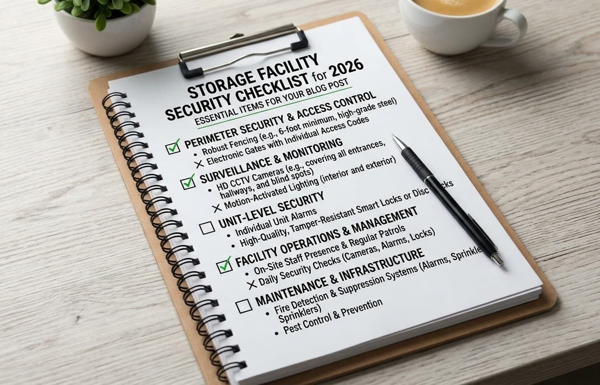 Spiral-bound security checklist for a self-storage facility on a wood desk with a coffee cup and pencil