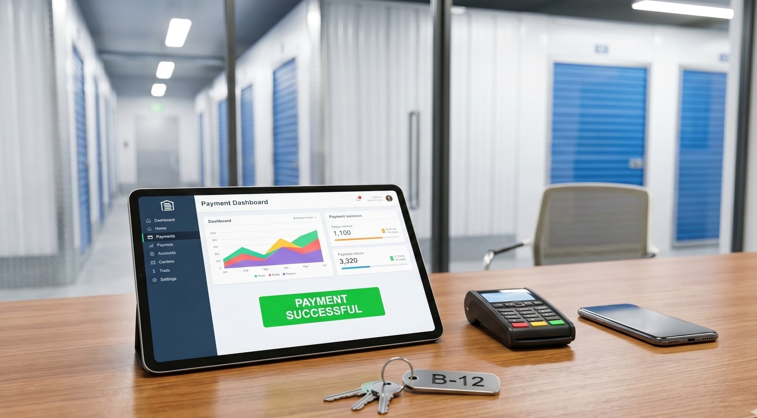 Tablet showing a payment dashboard next to a card reader and self-storage unit keys on an office desk