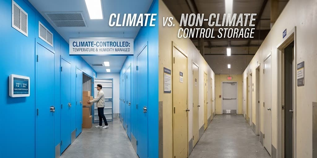 Side-by-side comparison of a climate-controlled self-storage hallway and a standard non-climate storage hallway
