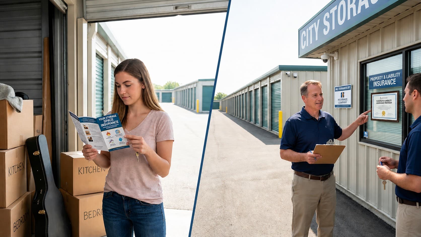 Self-storage tenant reading an insurance brochure beside her unit, next to a facility owner reviewing a liability policy