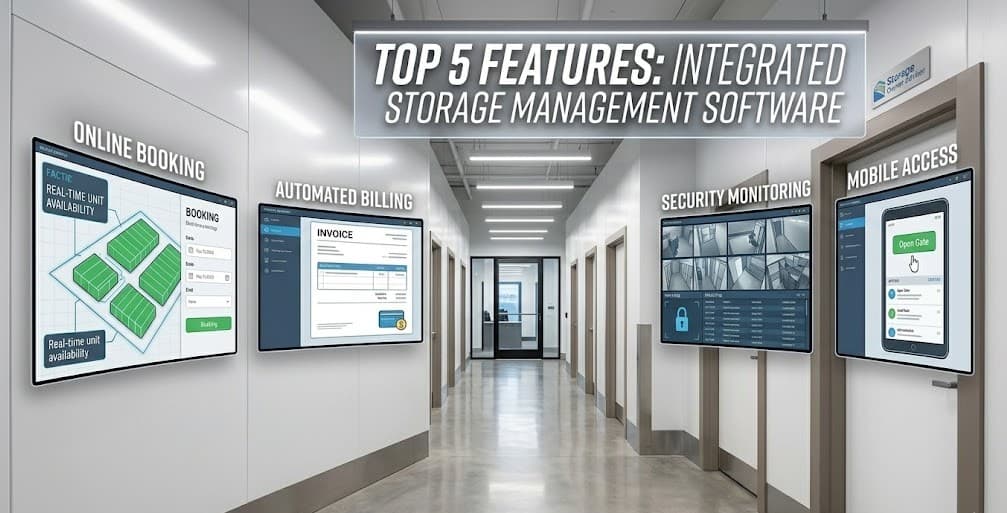 Four wall-mounted screens in a self-storage hallway showing booking, billing, security, and mobile access dashboards