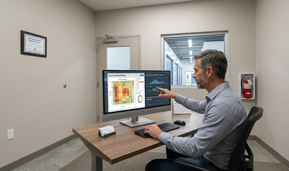 Self-storage facility owner reviewing occupancy and revenue dashboards on a desktop monitor in an office