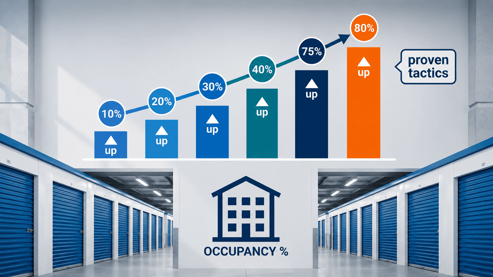 Bar chart showing self-storage occupancy rising from 10 to 80 percent, set inside a storage facility hallway