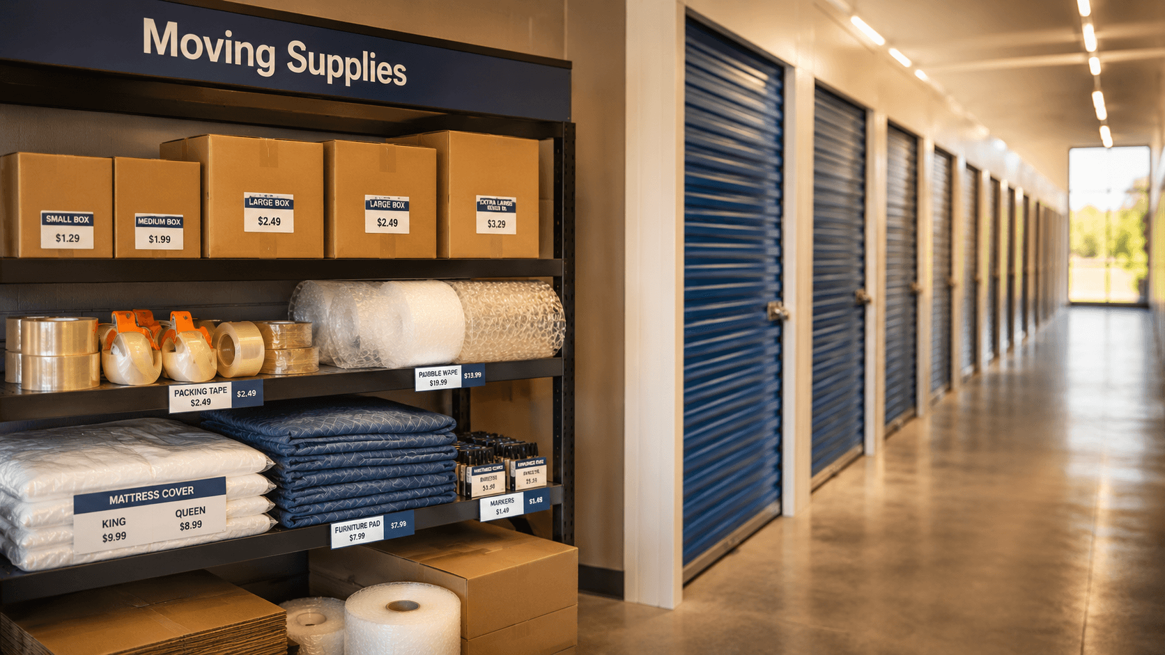 Retail shelf of moving supplies for sale (boxes, tape, bubble wrap, mattress covers) in a self-storage lobby