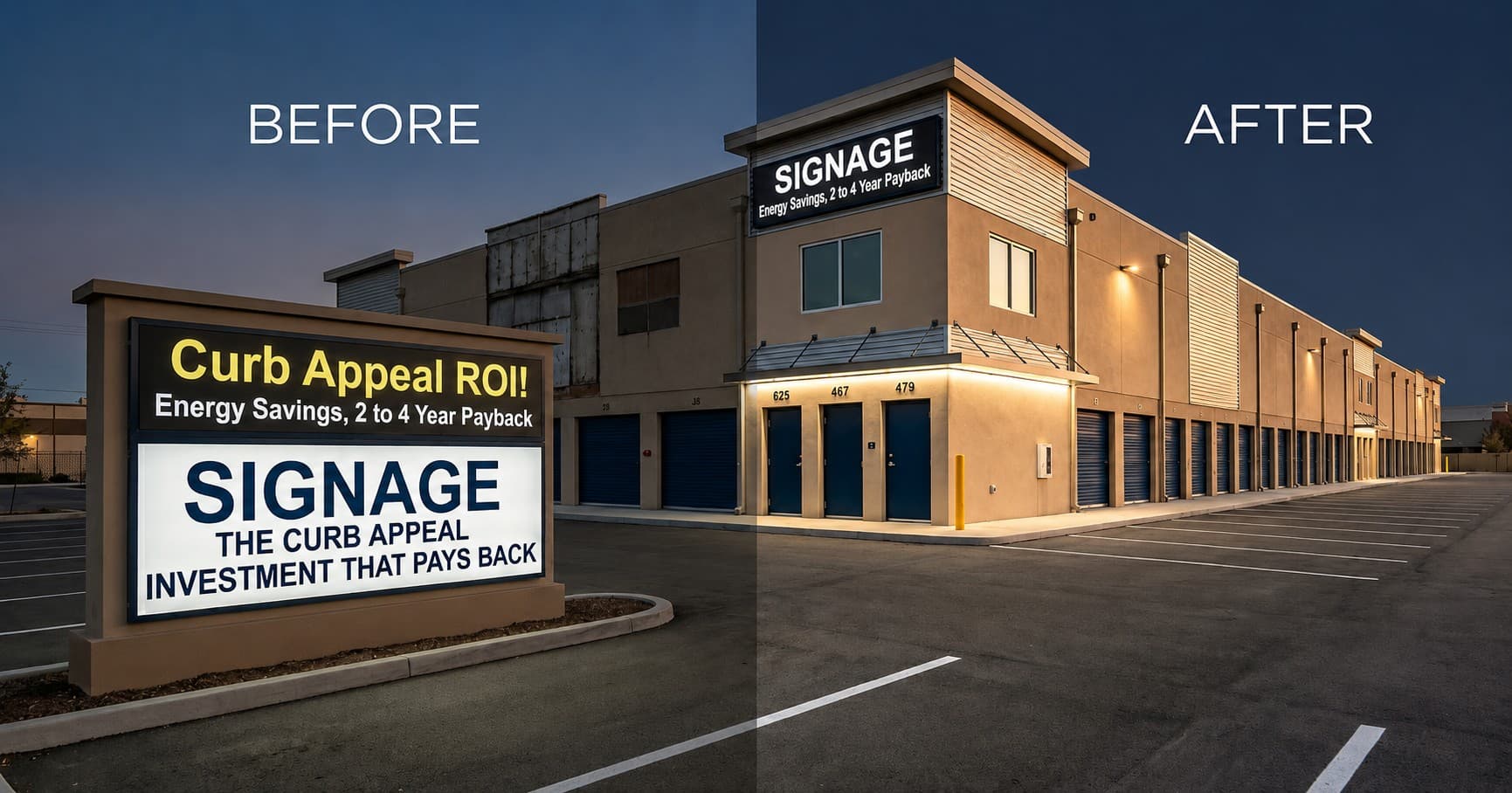 Before and after of a self-storage facility showing upgraded illuminated signage and exterior lighting at night
